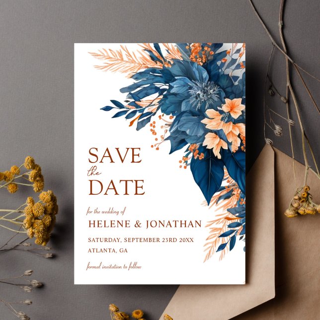 Save The Date Blue Terracotta Floral Mariage élégant (Blue Terracotta Floral Elegant Wedding Save The Date)