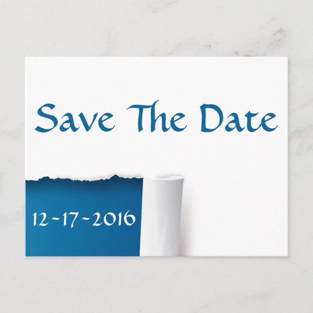 Save the Date Blue und White Foto Postcard Ankündigungspostkarte (Vorderseite)