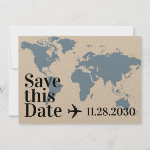 Save The Date Blue World Map et avion Heart Destination Bold