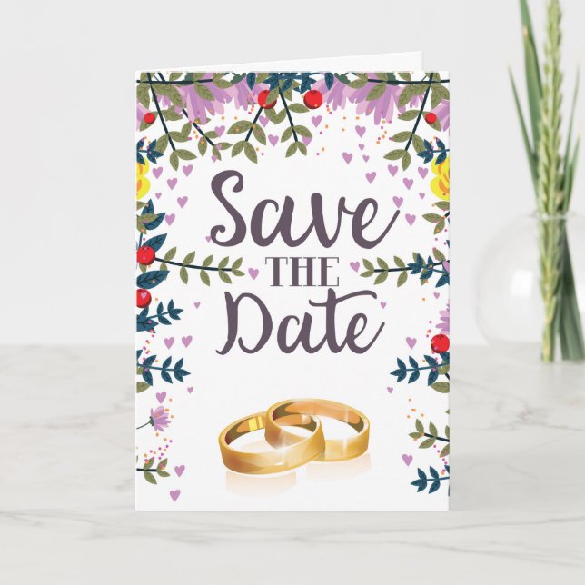 Save the Date Blume und Hochzeitsringe (Vorderseite)