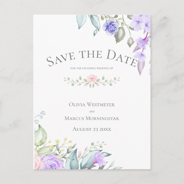 Save the Date Blume von Pale Lilac und Pink Postkarte (Vorderseite)