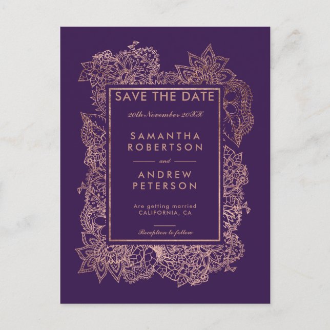Save the Date blumenreiche Rose Gold lila Trauben Ankündigungspostkarte (Vorderseite)