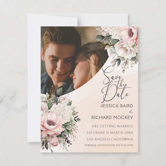 Save the Date blumenrot-rosa Hochzeitskarte des Fo Einladung (Vorderseite)