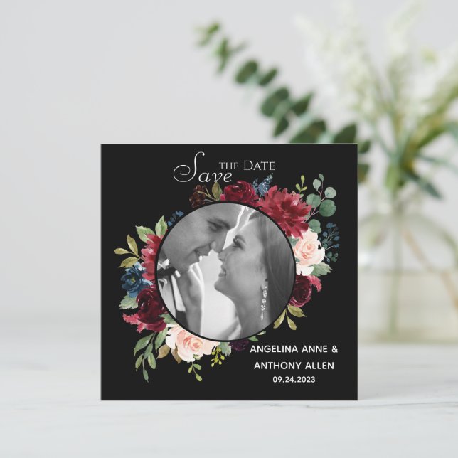 Save The Date Blush Bourgogne Photo Floral Élégant Aquarelle Évé (Debout devant)