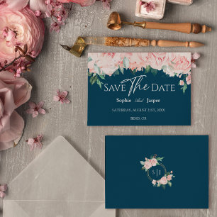 Save The Date Blush Floral Navy Mariage Plat Enregistrer La Date