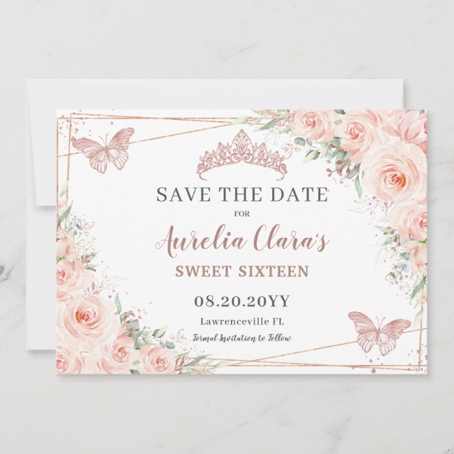 Save The Date Blush Floral Rose Gold Sweet 16 Papillons Quince (Devant)