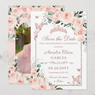 Save The Date Blush Floral Sweet 16 Rose Gold Quinceañera Photo