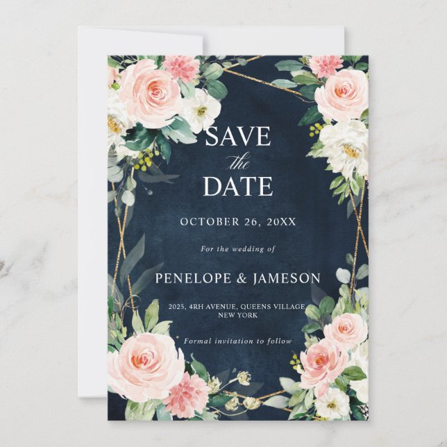 Save The Date Blush Navy Dusty Bleu Floral Géométrique Botanique (Devant)