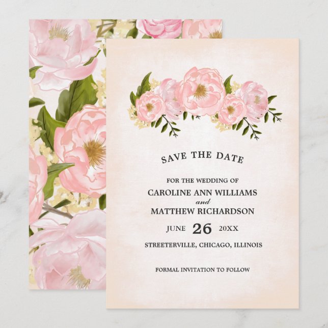 Save The Date. Blush Pink Peonies Card Save The Date (Vorne/Hinten)
