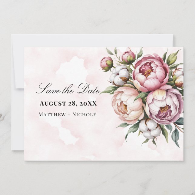 Save The Date Blush Pink Peony and Cotton Wedding (Devant)