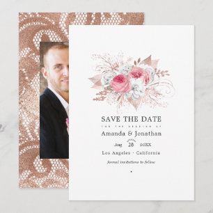 Save The Date Blush rose et Rose or Floral et Mariage dentelle