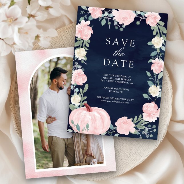 Save The Date Blush rose Floral Citrouille Navy Blue Photo Maria (Créateur téléchargé)