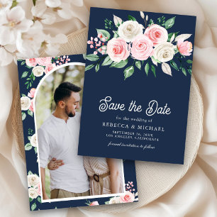 Save The Date Blush rose Floral Navy Bleu Photo Mariage