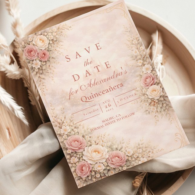 Save The Date Blush Rose Gold Garden Quinceañera (Créateur téléchargé)