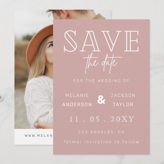 Save The Date Blush Simple Calligraphy Photo Enregistrer La Date (Devant / Derrière)