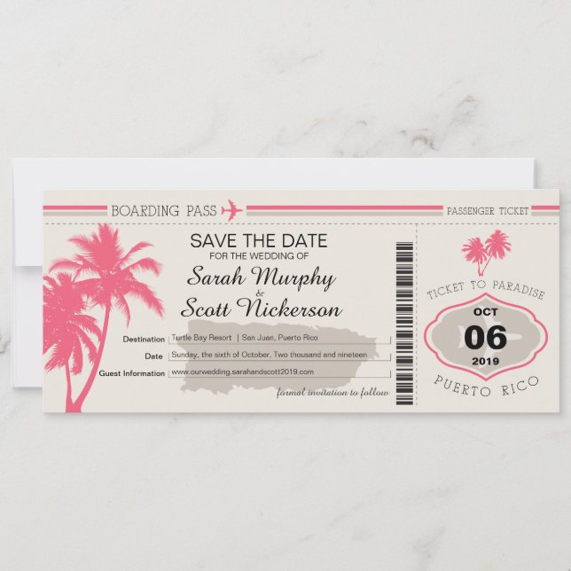 Save the Date Boarding Pass auf Puerto Rico (Vorderseite)