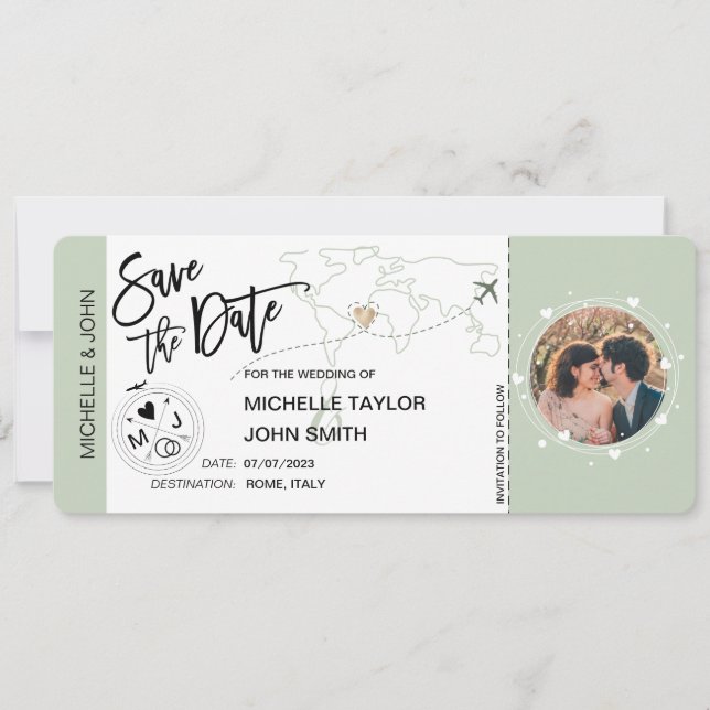 Save the Date Boarding Pass Einfache Weltkarte Einladung (Vorderseite)