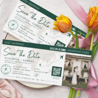 Save the Date Boarding Pass Emerald Green Travel
