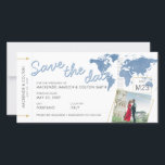 Save the Date Boarding Pass Foto Blue World Map<br><div class="desc">Save the Date Boarding Pass Einladung mit einer modernen, staubblauen Weltkarte, niedlichem boho Drehbuch-Schriftart und 2 Fotos mit quadratischen Overlay-Rändern. Verwenden Sie diese Vorlage, um Ihre eigene Ankündigung für die Hochzeit in Urlaubsort des Reisethemas zu erstellen, sie wie gezeigt verlassen oder sich mit dem Design von DIY zu unterhalten. Als...</div>
