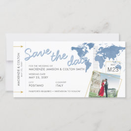 Save the Date Boarding Pass Foto Blue World Map