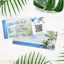 Save the Date Boarding Pass Map Beach Palm Mexiko