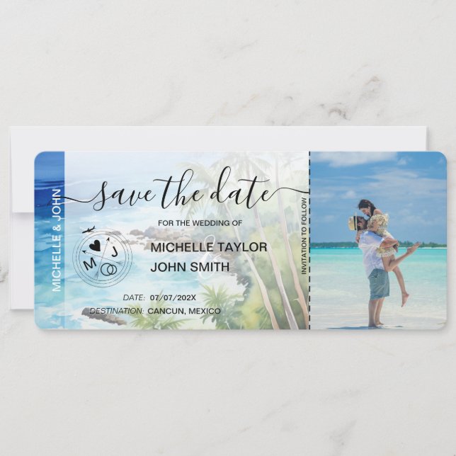 Save the Date Boarding Pass Map Beach Palm MPhoto Einladung (Vorderseite)