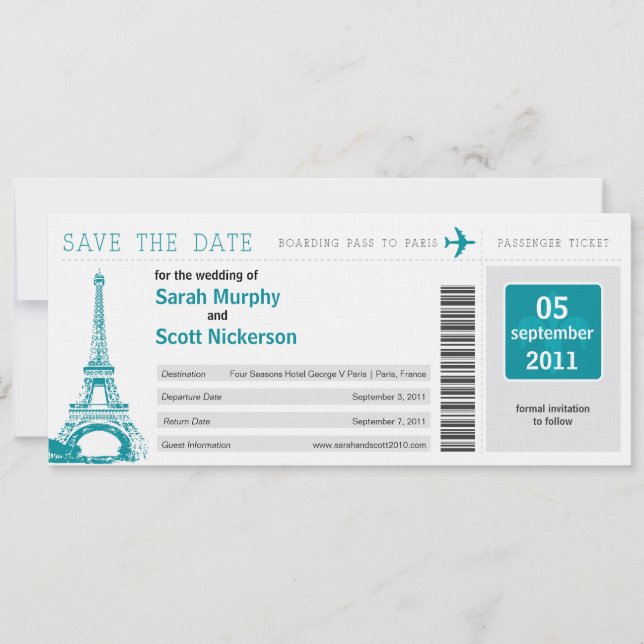 Save the Date Boarding Pass nach Paris Frankreich (Vorderseite)