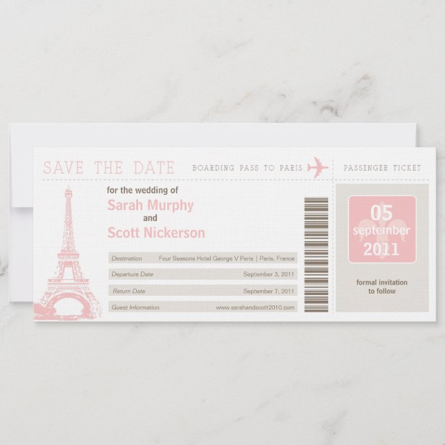 Save the Date Boarding Pass nach Paris Frankreich (Vorderseite)