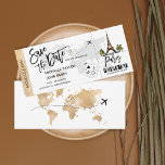 Save the Date Boarding Pass Paris Wedding Einladung<br><div class="desc">Ziel Paris,  Frankreich Hochzeit Boarding Pass Ticket Gold Flugzeug Save the Date mit Herz und Flugzeug Ikone mit Eiffelturm</div>