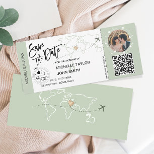 Save the Date Boarding Pass Simple World Map QR Einladung