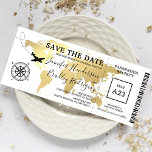 Save the Date Boarding Pass Weltkarte<br><div class="desc">Boarding Pass Hochzeit sparen Sie das Datum Einladung mit einer eleganten Goldfolie Ziel Weltkarte,  Kompass,  Flugzeug und eine personalisierte Textvorlage.</div>