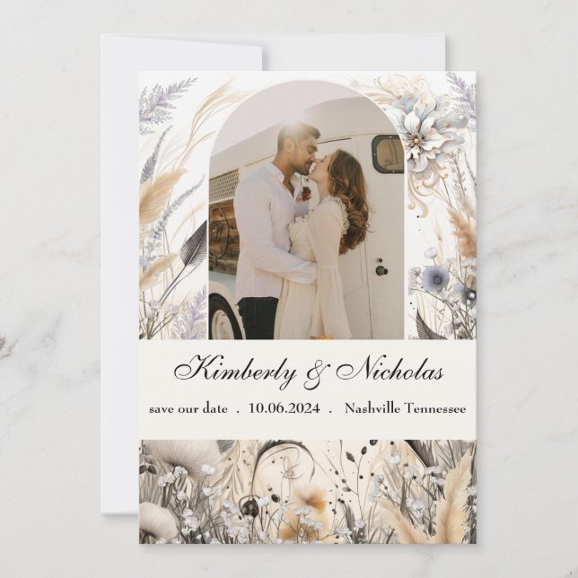 Save The Date Bohème Arches Rustique Terre Pampas Floral Botaniq (Devant)