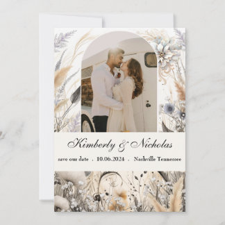 Save The Date Bohème Arches Rustique Terreux Pampas Floral Botan