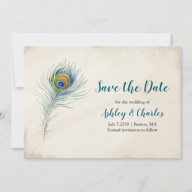 Save The Date Bohème Peacock Feather Elegant Mariage Turquoise (Devant)