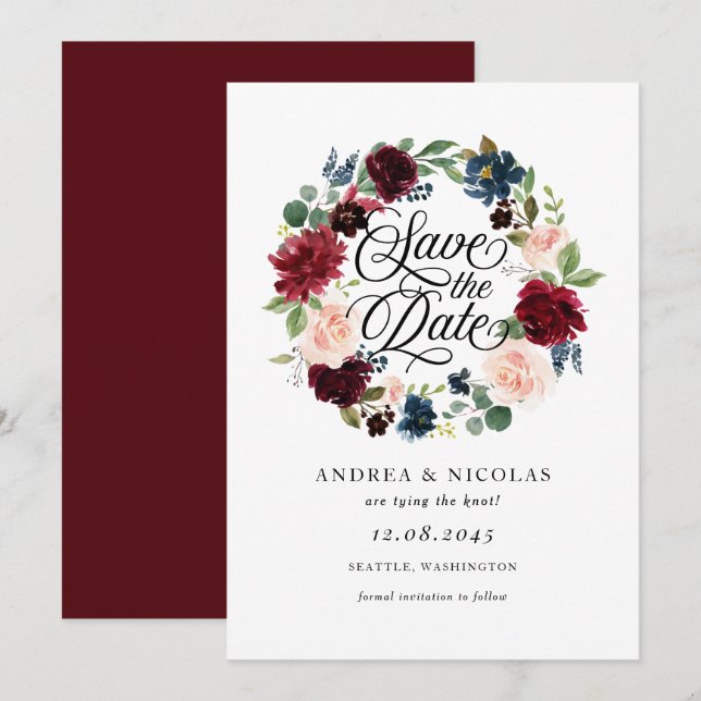 Save The Date Boho Aquarelle Bourgogne et bleu Floral Wreath (Devant / Derrière)