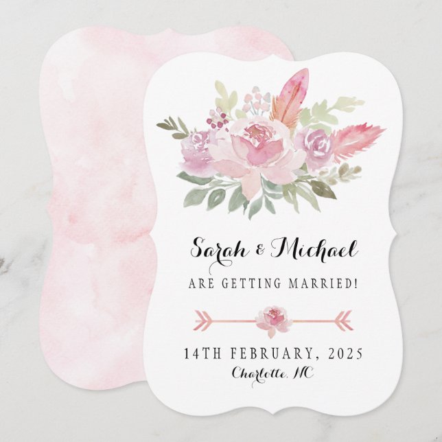 Save The Date Boho Aquarelle rose roses et plumes (Devant / Derrière)