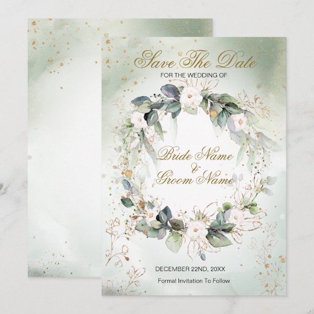 Save The Date Boho Aquarelle Verdure Floral brillant Moderne (Devant / Derrière)