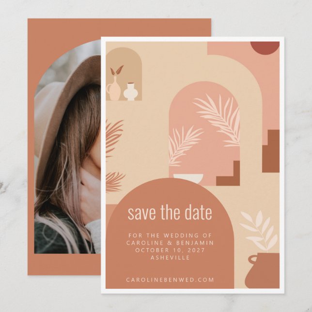 Save The Date Boho Art Floral Moderne Terracotta Arch Photo (Devant / Derrière)