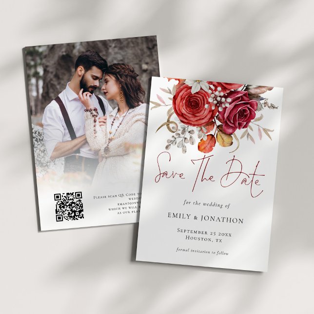 Save The Date Boho Automne Florals Photo Overlay QR Code Mariage (Front and back view)