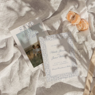 Save The Date Boho Bleu Floral Botanique Photo Mariage