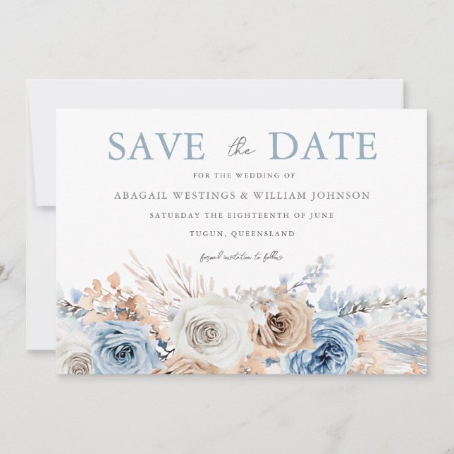 Save The Date Boho Blue : Dusty Blue Bohemian Floral Mariage (Devant)