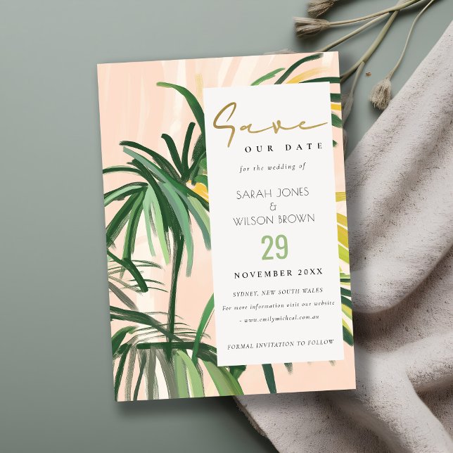 Save The Date Boho Blush Green Tropical Palm Beach Mariage (Créateur téléchargé)