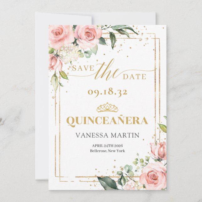 Save The Date Boho Blush rose floral or tiara Quinceanera (Devant)