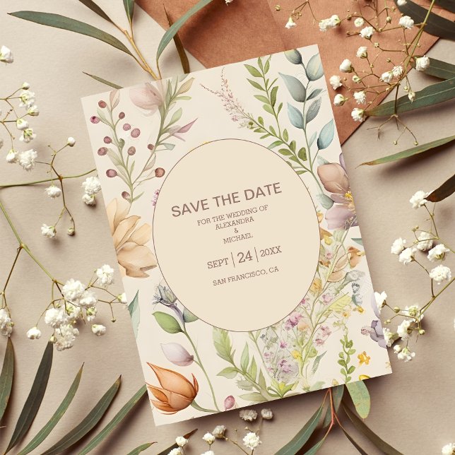 Save The Date Boho Botanique Aquarelle Fleur sauvage Mariage (Créateur téléchargé)