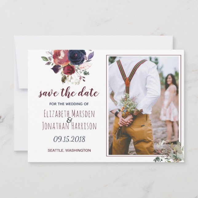 Save The Date Boho Bourgogne Navy Fleurs Photo Enregistrez La Da (Devant)