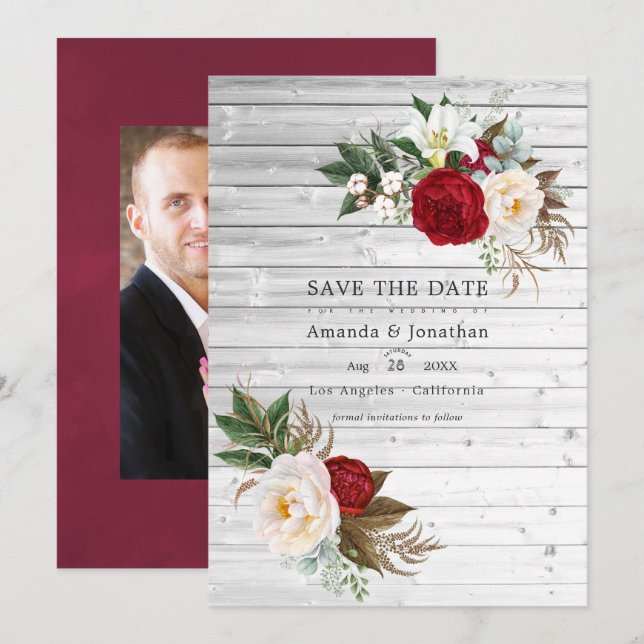 Save The Date Boho Burgundy - Marsala Floral Mariage Photo (Devant / Derrière)
