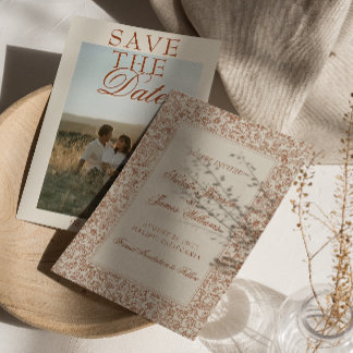 Save The Date Boho Burnt Orange Floral Terracotta Photo Wedding 