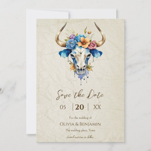 Save The Date Boho Chic Aquarelle Crâne de Vache Floral Mariage (Devant)