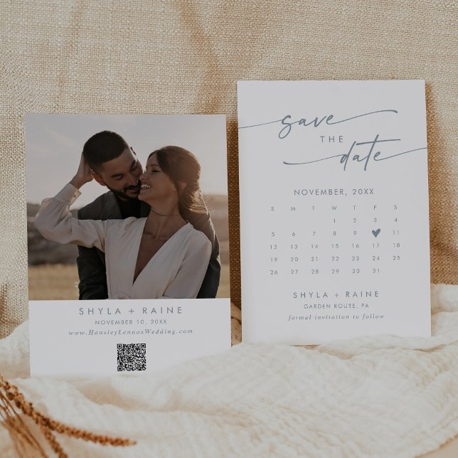 Save The Date Boho Chic Ardoise Bleu QR Code Calendrier photo (Créateur téléchargé)