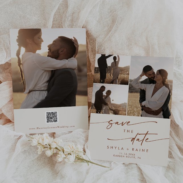 Save The Date Boho Chic Bohemian Cream Multi Photo QR Code (Créateur téléchargé)